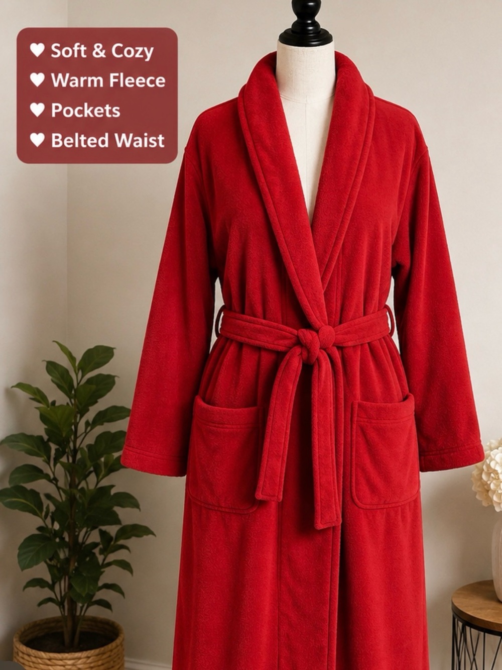 Potter Barn Cozy Retreat Plush Red Bathrobe with Shawl Collar and Pockets